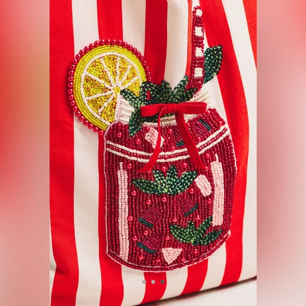 Anthropologie Printed Beaded Canvas Tote | Bloody Mary | NWT
